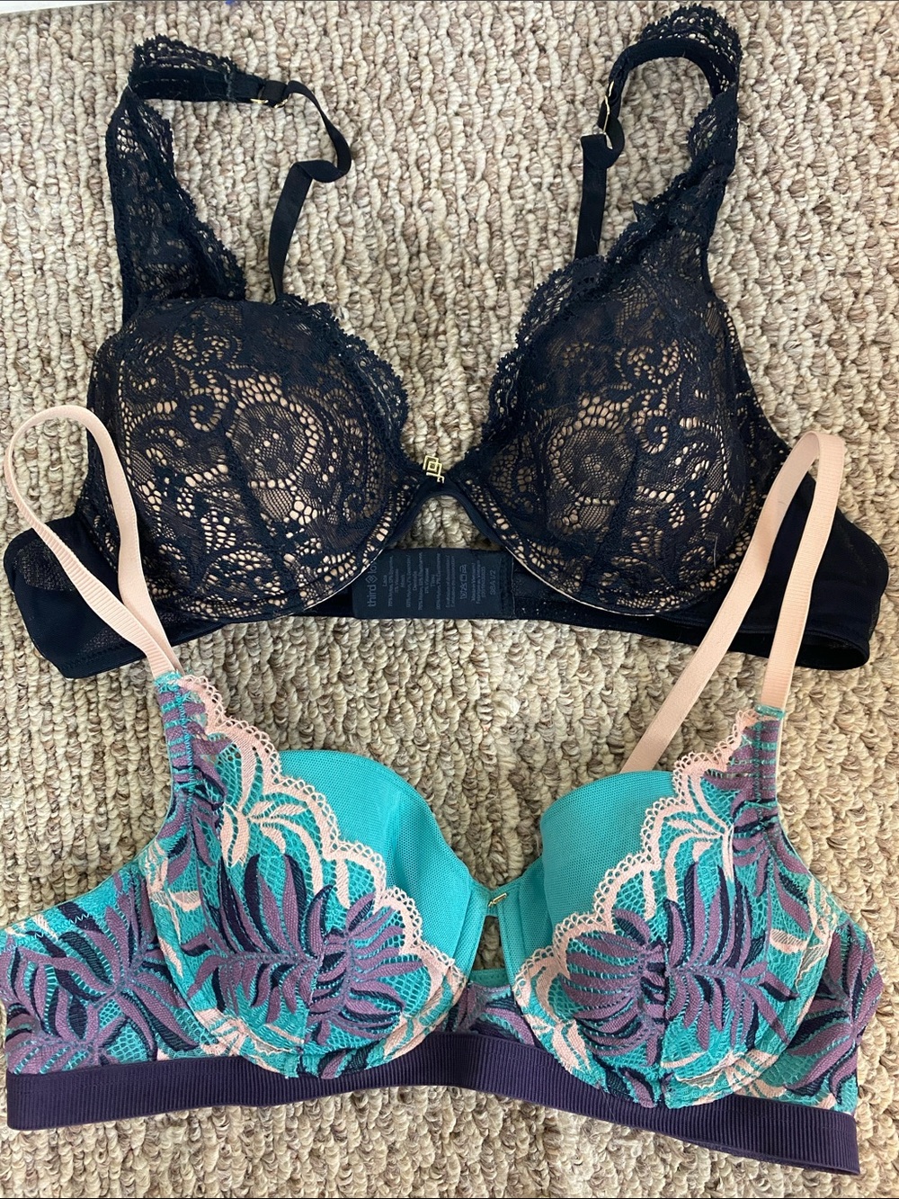 ThirdLove Black Lace Pushup Underwire Bra & Teal Floral Lace Balconette 36A1/2